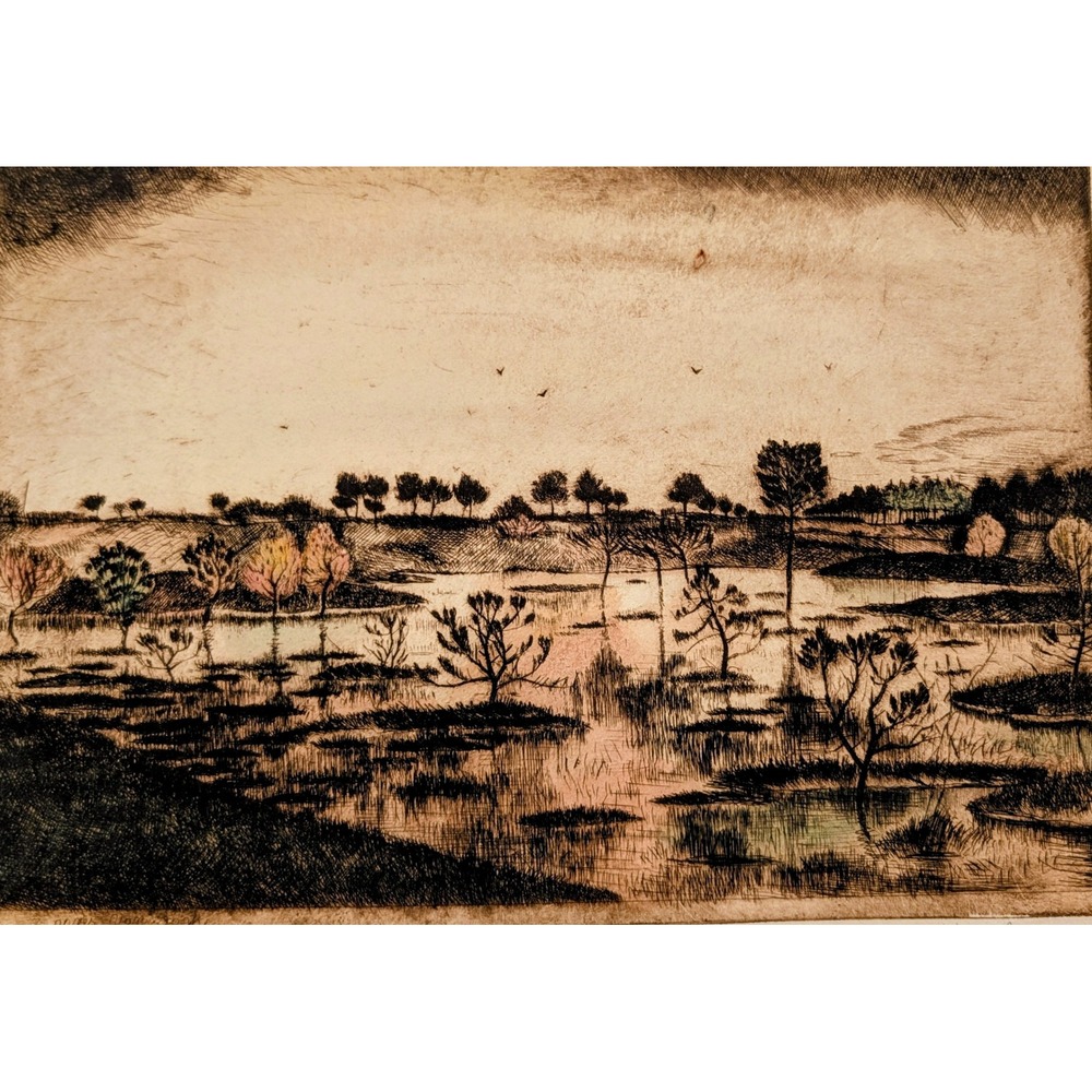 Endre Vadasz Signed Original Etching Landscape Marsh Trees Hungarian Art 1940s